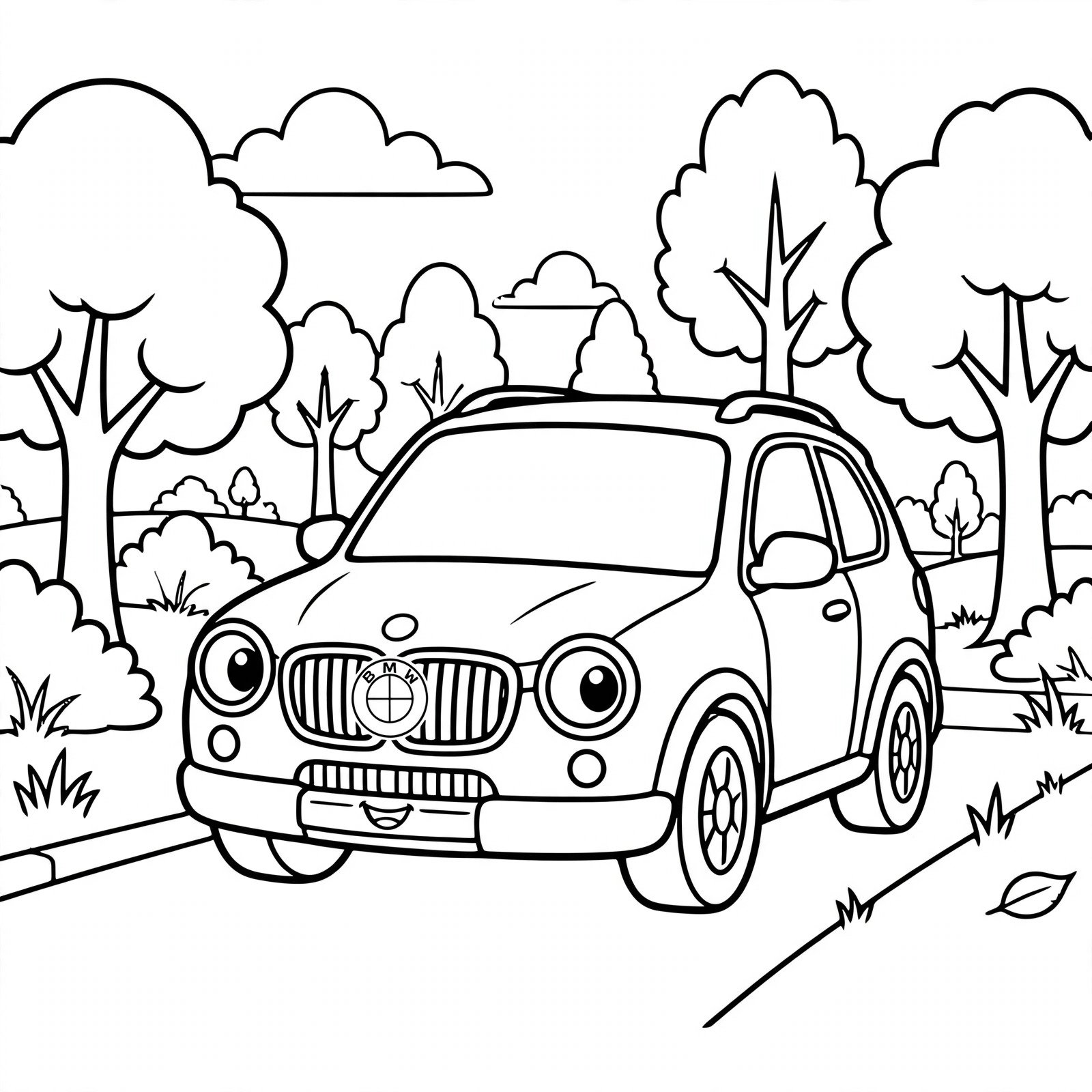 BMW in Forest Coloring Page – Free Car Coloring for Kids